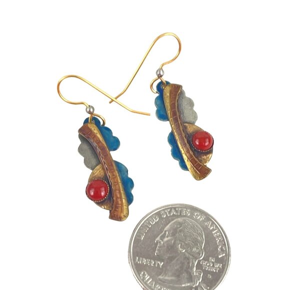 Brass Red Jasper Vintage Boho Dangly Earrings Blue Enamel Hand Made - Picture 4 of 8